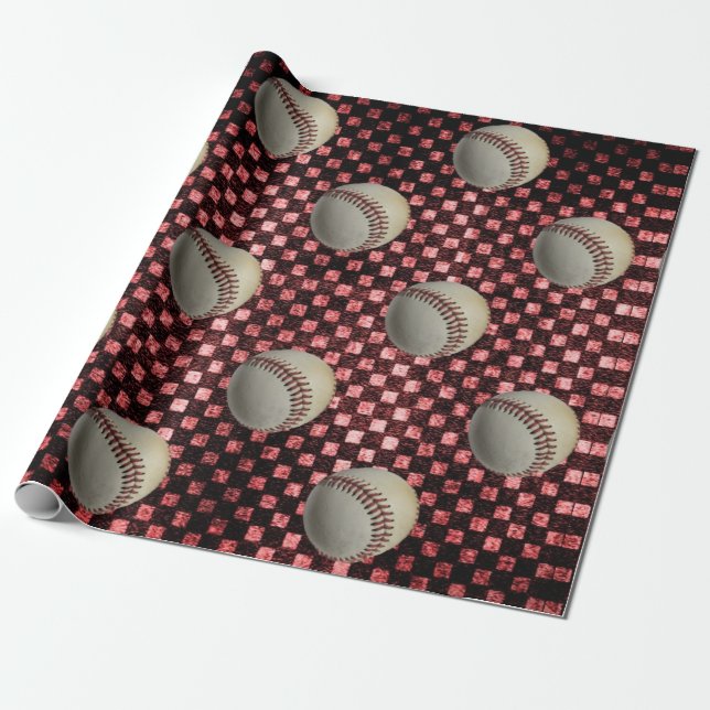 Baseballs on Red Chequerboard Background Wrapping Paper (Unrolled)