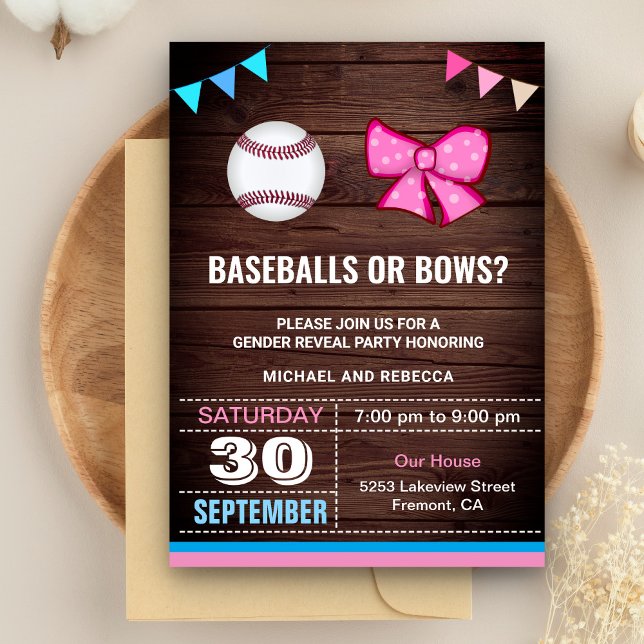 Baseballs or Bows Gender Reveal Party Invitation (Creator Uploaded)