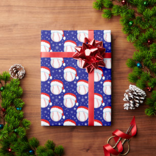 Baseballs Wear Santa's Hat & Snowflakes Navy Wrapping Paper