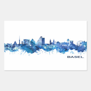 Basel Switzerland Skyline Blue Rectangular Sticker