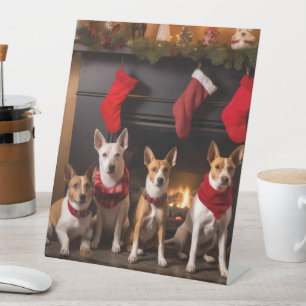 Basenji by the Fireplace Christmas Pedestal Sign