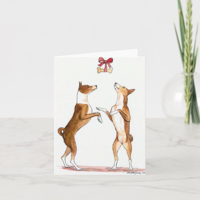 Basenji Christmas Dance Dog Art Note Card (Front)