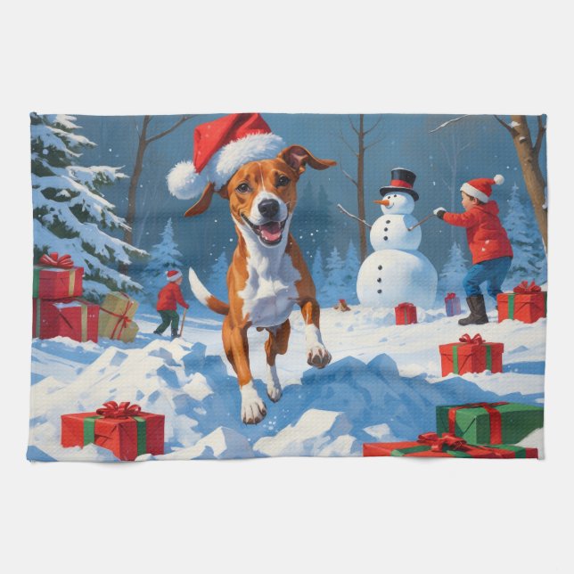 Basenji Christmas Festive Snow Scene Tea Towel (Horizontal)