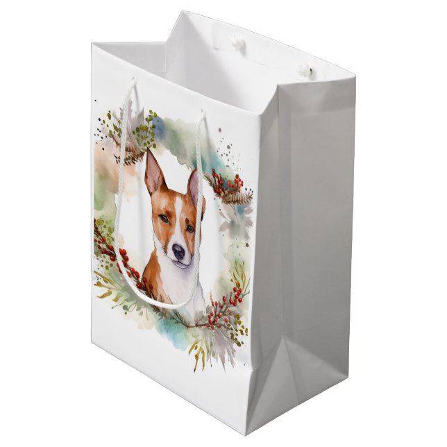 Basenji Christmas Wreath Festive Pup Medium Gift Bag (Front Angled)