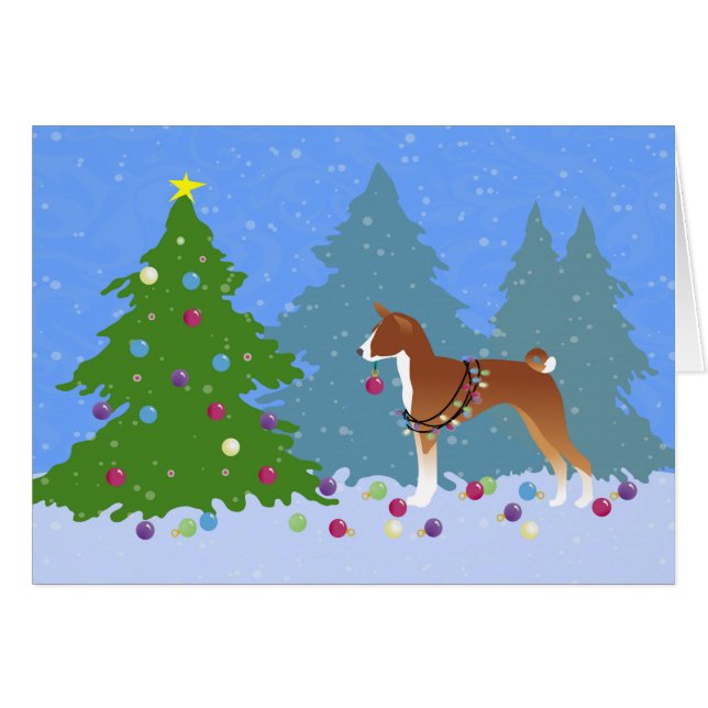 Basenji Decorating Tree in the Forest (Front Horizontal)