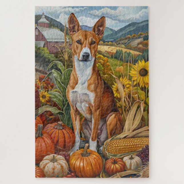 Basenji Dog Autumn Harvest Thanksgiving Holiday Jigsaw Puzzle (Vertical)
