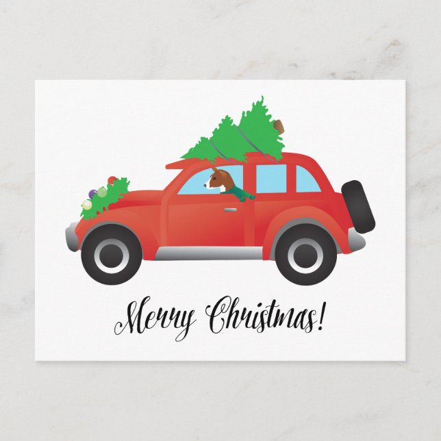 Basenji Dog Driving a  Red Car with Christmas Tree Holiday Postcard (Front)