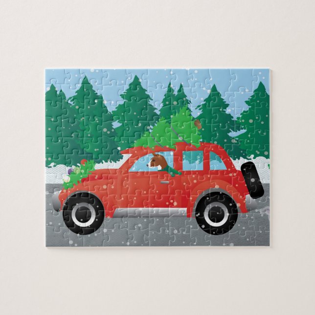Basenji Dog Driving a  Red Car with Christmas Tree Jigsaw Puzzle (Horizontal)