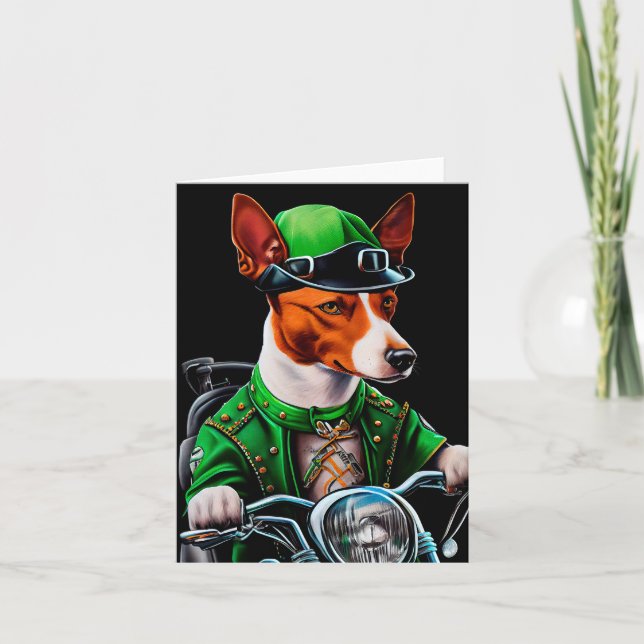 Basenji Dog driving bike St. Patrick's Day Card (Front)