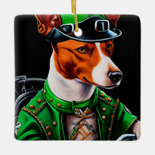 Basenji Dog driving bike St. Patrick's Day Ceramic Ornament
