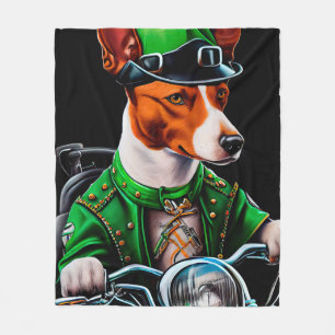 Basenji Dog driving bike St. Patrick's Day Fleece Blanket