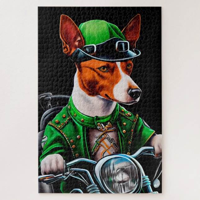 Basenji Dog driving bike St. Patrick's Day Jigsaw Puzzle (Vertical)