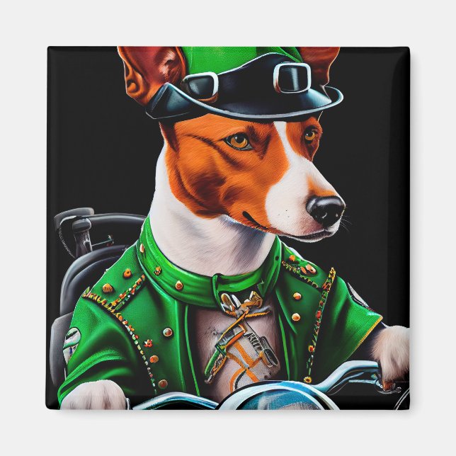 Basenji Dog driving bike St. Patrick's Day Magnet (Front)