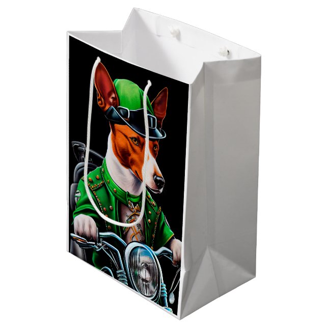 Basenji Dog driving bike St. Patrick's Day Medium Gift Bag (Front Angled)