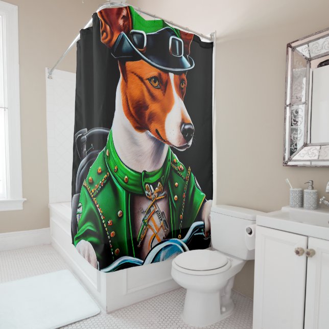 Basenji Dog driving bike St. Patrick's Day Shower Curtain (In Situ)