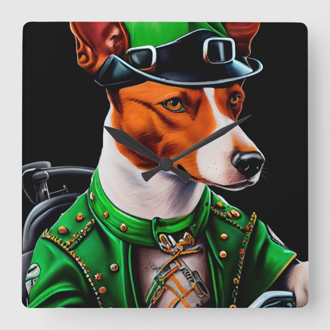 Basenji Dog driving bike St. Patrick's Day Square Wall Clock (Front)