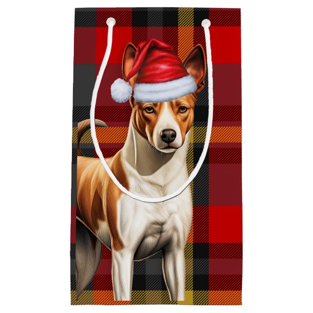 Basenji Dog Holiday Red and Green Plaid Christmas Small Gift Bag (Front)