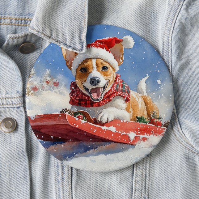 Basenji Dog in Sledge Let it Snow Christmas 6 Cm Round Badge (In Situ)