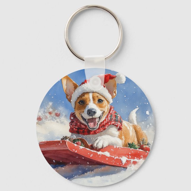 Basenji Dog in Sledge Let it Snow Christmas Key Ring (Front)