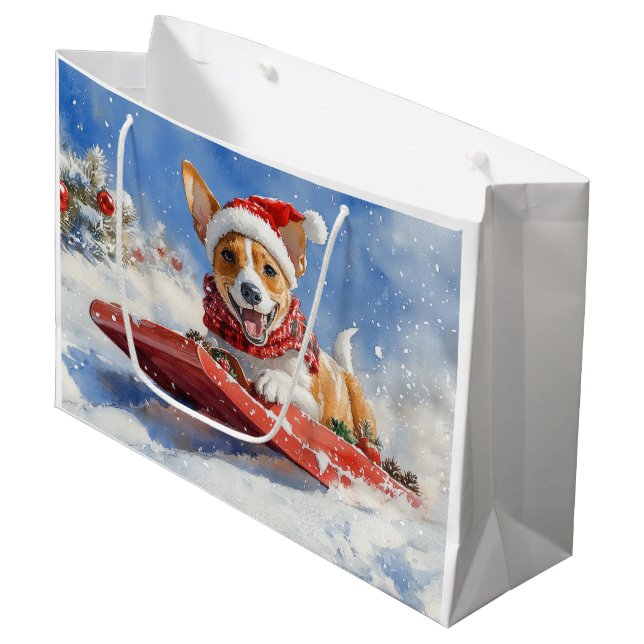 Basenji Dog in Sledge Let it Snow Christmas Large Gift Bag (Front Angled)