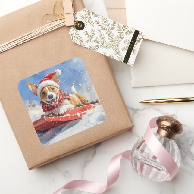 Basenji Dog in Sledge Let it Snow Christmas Square Sticker (Gifting)