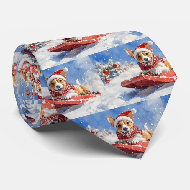 Basenji Dog in Sledge Let it Snow Christmas Tie (Rolled)