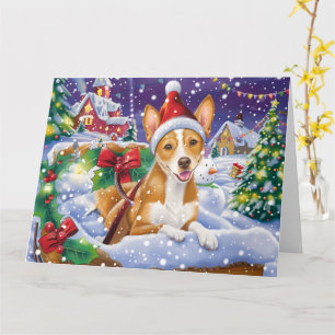 Basenji Dog in Sleigh Snow Christmas Card