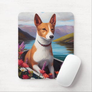 Basenji Dog on a Paddle: A Scenic Adventure Mouse Pad