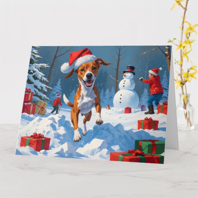 Basenji Dog Playing in Snow Winter Scene Card (Yellow Flower)