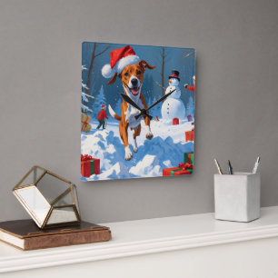 Basenji Dog Playing in Snow Winter Scene Square Wall Clock