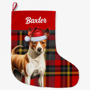 Basenji Dog Red and Green Plaid with Name Large Christmas Stocking