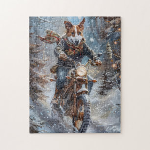 Basenji Dog Riding Motorcycle Christmas Jigsaw Puzzle