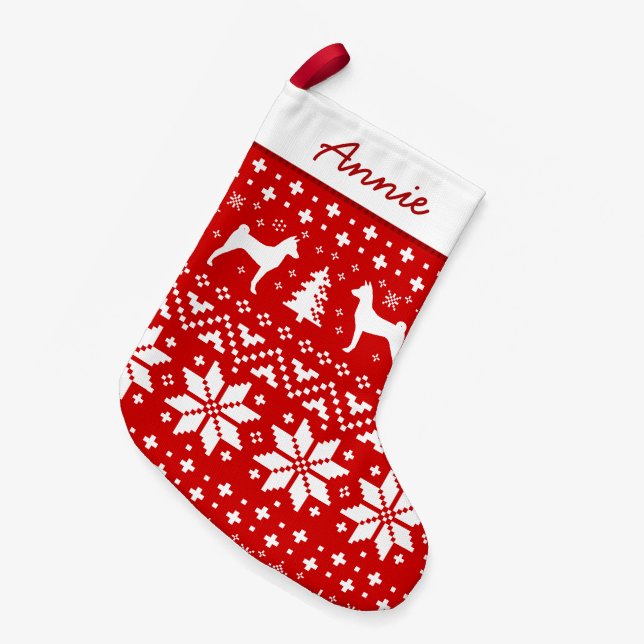 Basenji Dog Silhouettes Holiday Pattern Cute Xmas Small Christmas Stocking (Front (Hanging))
