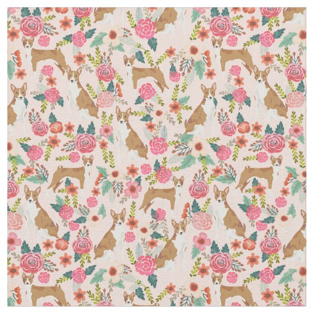 Basenji dog vintage florals pink fabric (Close Up)