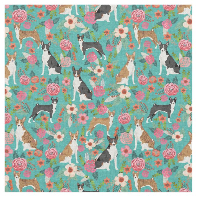 Basenji dogs vintage florals turquoise fabric (Close Up)