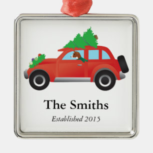 Basenji hound dog driving car with Christmas tree Metal Tree Decoration