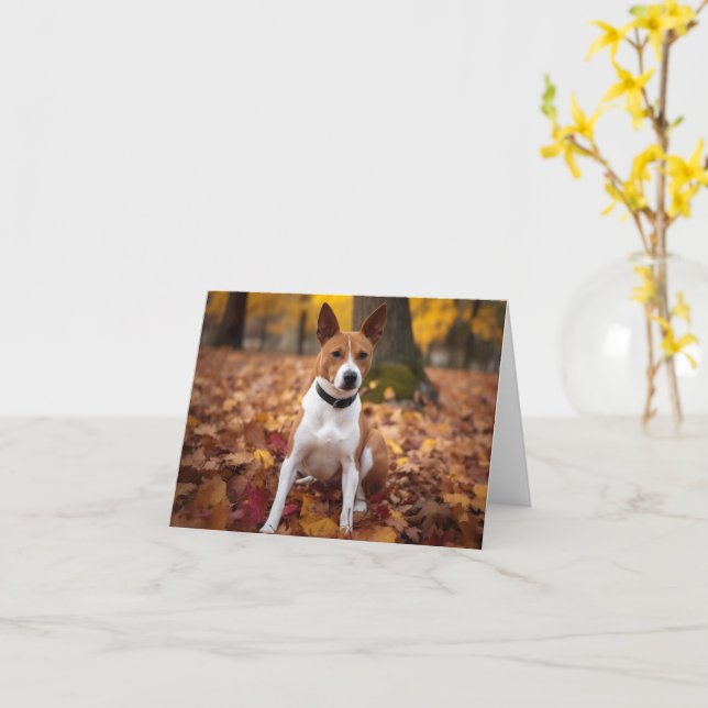 Basenji in Autumn Leaves Fall Inspire  Card (Yellow Flower)