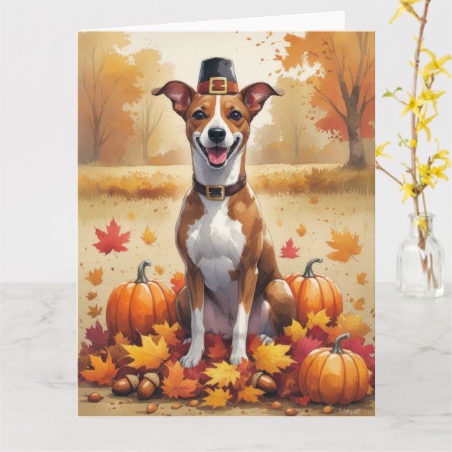 Basenji In Autumn Leaves Thanksgiving Art Card (Yellow Flower)