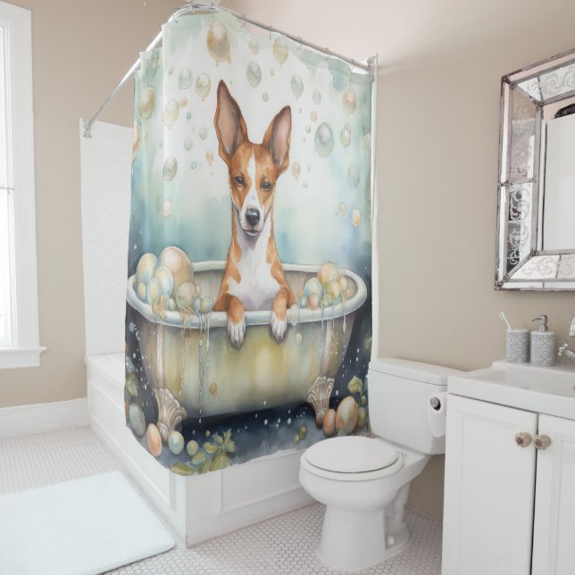 Basenji In Bathtub Watercolor Dog Art Shower Curtain (In Situ)