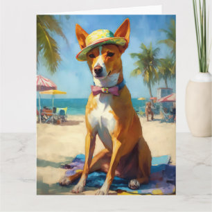 Basenji on Beach, summer gift for dog lovers Card