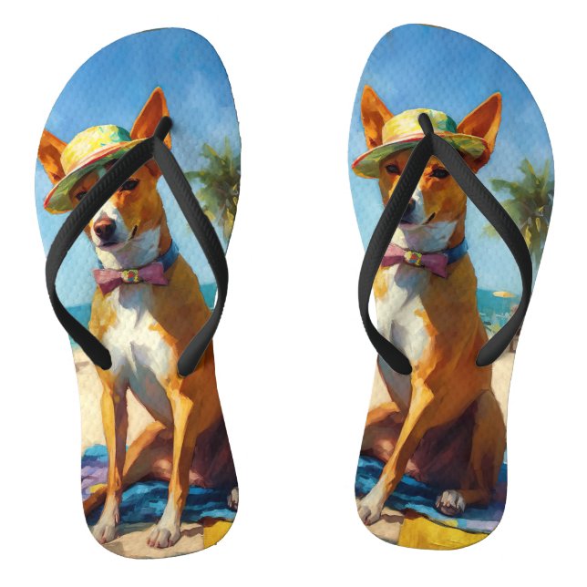 Basenji  on Beach, summer gift for dog lovers  Jandals (Footbed)
