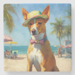 Basenji  on Beach, summer gift for dog lovers  Stone Coaster