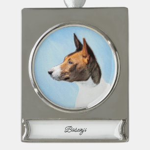 Basenji Painting - Cute Original Art Silver Plated Banner Ornament
