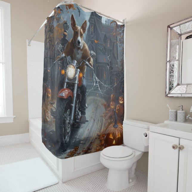 Basenji Riding Motorcycle Halloween Scary Shower Curtain (In Situ)
