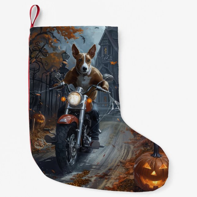 Basenji Riding Motorcycle Halloween Scary Small Christmas Stocking (Front)