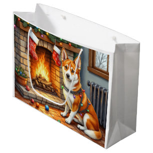 Basenji Sitting by Fireplace with Christmas Lights Large Gift Bag