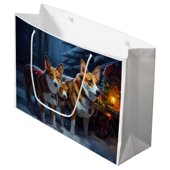 Basenji Snowy Sleigh Christmas Decor Large Gift Bag (Front Angled)