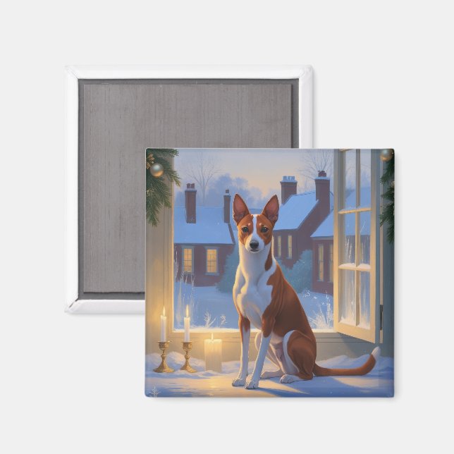 Basenji With Christmas Lights Holiday Magnet (Front/Back)