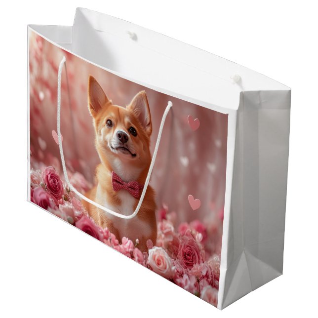 Basenji with Roses - Valentine's Day Large Gift Bag (Front Angled)