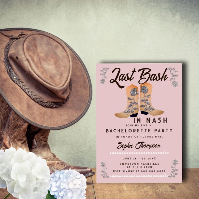 Bash Nash Cowgirl Boots Roses Pink Bachelorette Invitation (Creator Uploaded)